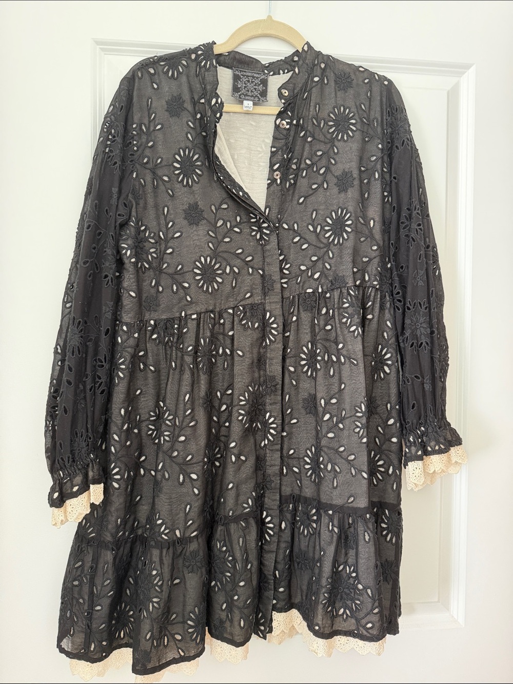 Johnny Was Black Eyelet Lace Tiered Midi Dress with Cream Trim